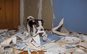 Pes strhal tapety v bytě