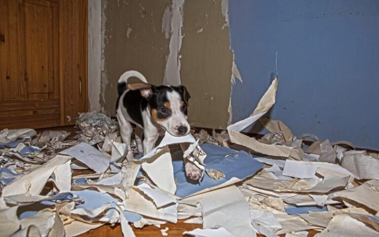 Pes strhal tapety v bytě